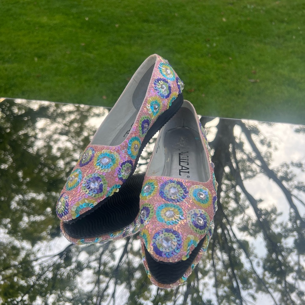 Radical Pink Blue Yellow Purple and Silver Sequined Dressy Flats - Picture 3 of 10